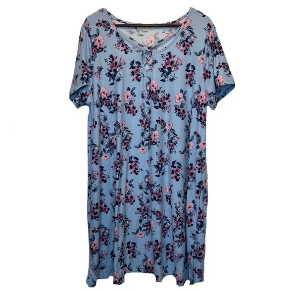 Pink Rose Short Sleeve Dress 2X XXL Blue Floral Stretch Criss Cross Knee Length - Picture 1 of 7